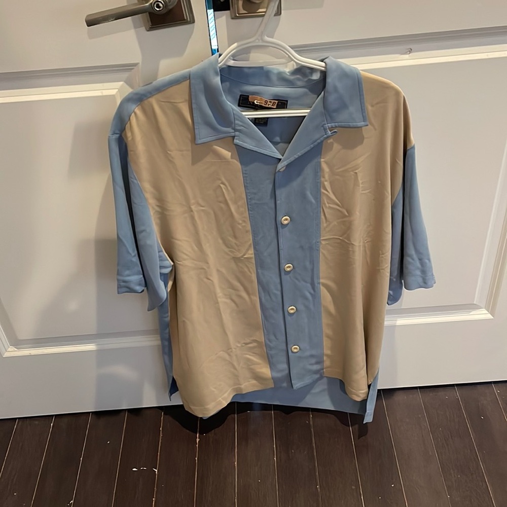 Nat Nast bowling shirt.  Blue and tan